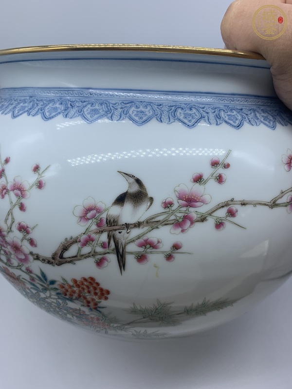 古玩陶瓷粉彩花鳥紋卷缸真品鑒賞圖