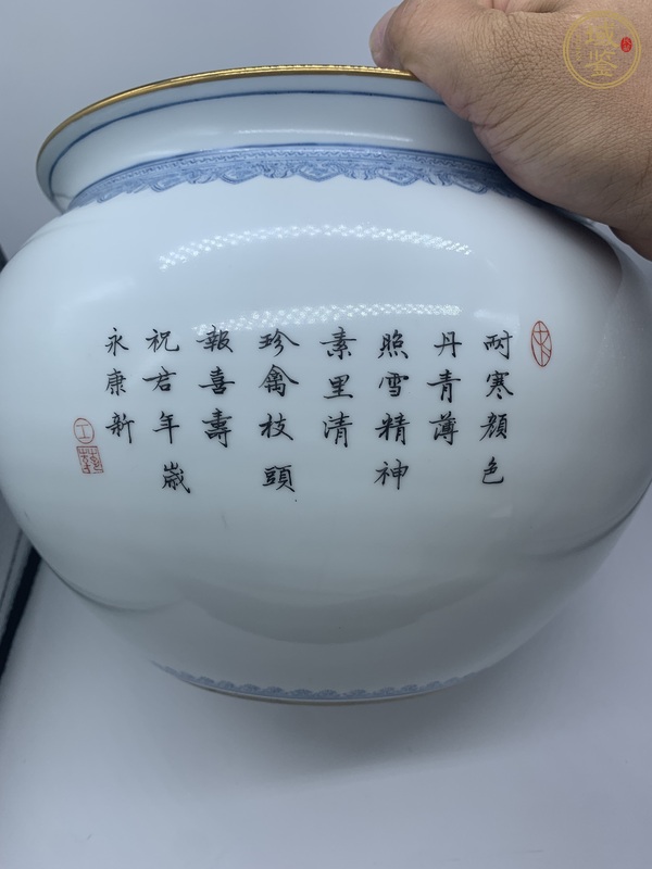 古玩陶瓷粉彩花鳥紋卷缸真品鑒賞圖