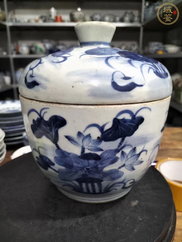 古玩陶瓷青花荷蓮紋蓋缸真品鑒賞圖