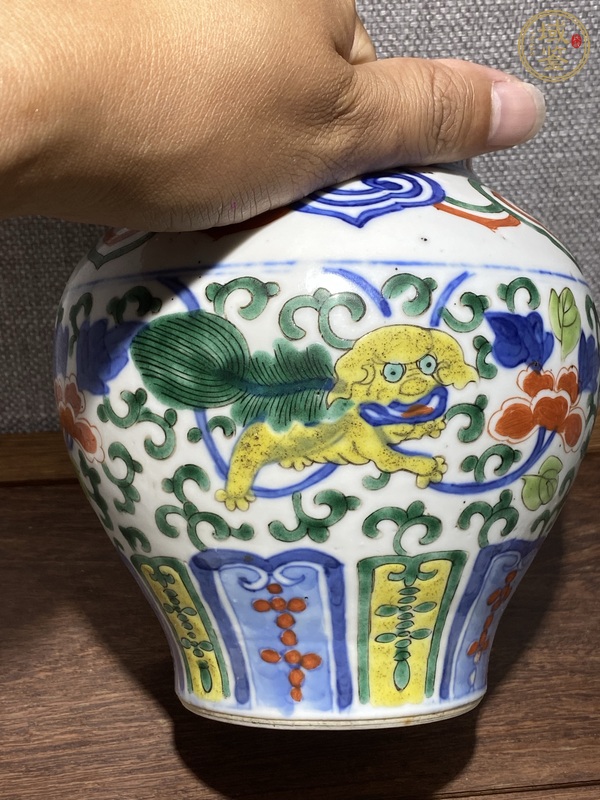 古玩陶瓷青花五彩獅子穿花卉紋罐真品鑒賞圖