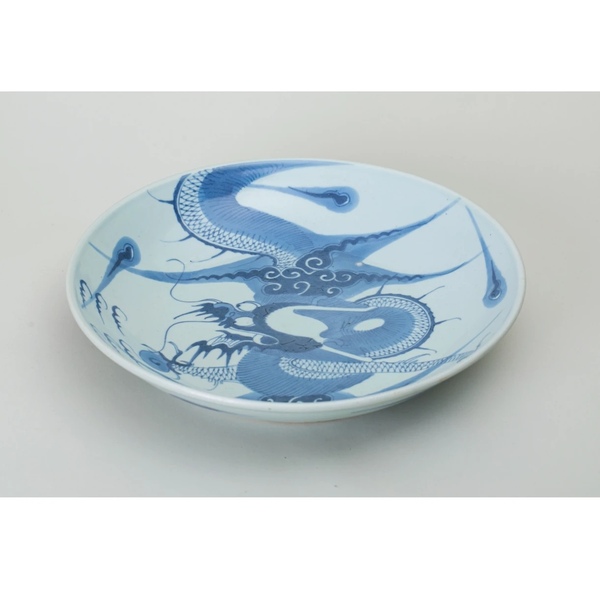 古玩陶瓷清·全品大盤雍乾過墻龍紋青花大盤拍賣,當前價格7389元