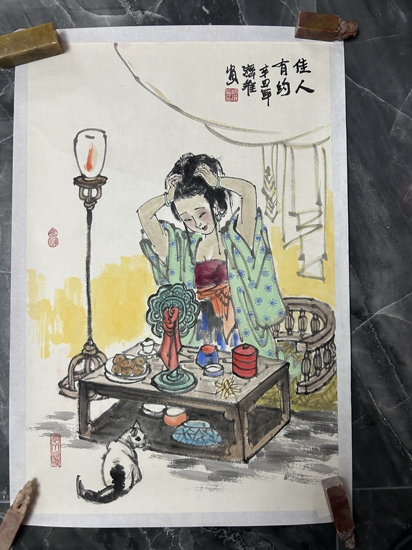 古玩字畫楊濟淮《佳人有約》人物拍賣，當前價格588元