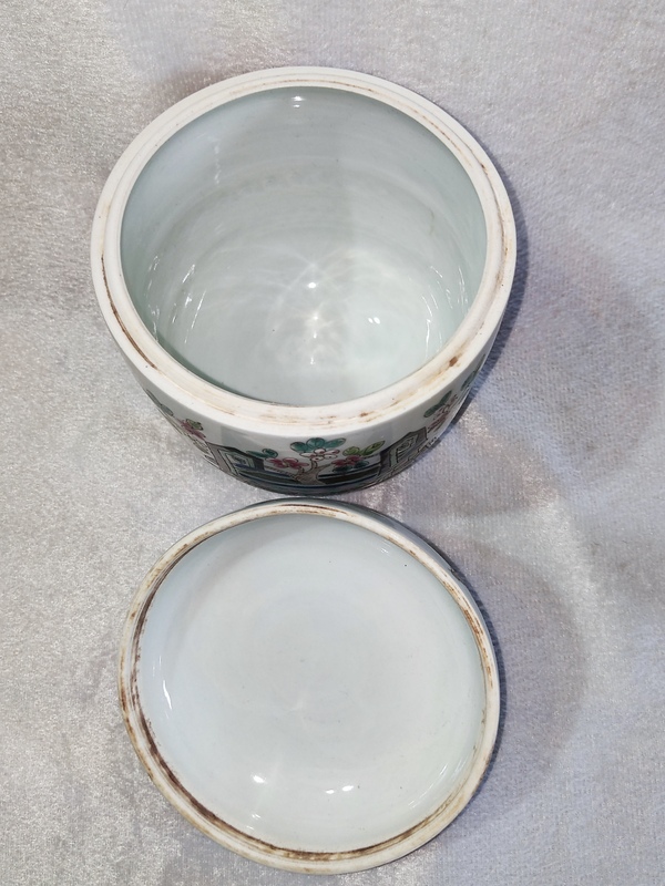 古玩陶瓷粉彩博古圖蓋缸拍賣,當前價格998元