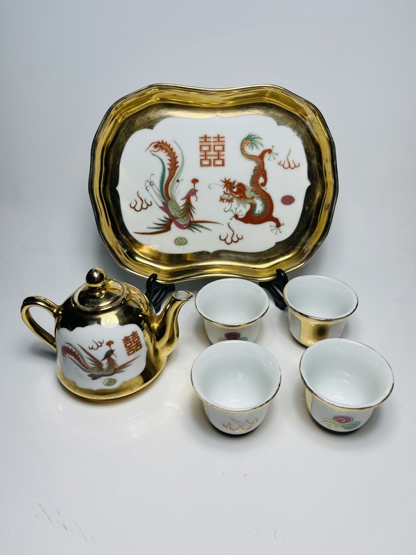 古玩陶瓷粉彩描金龍鳳囍字紋茶具一套拍賣,當前價格699元