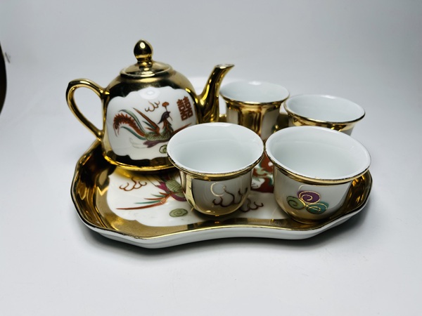 古玩陶瓷粉彩描金龍鳳囍字紋茶具一套拍賣,當前價格699元
