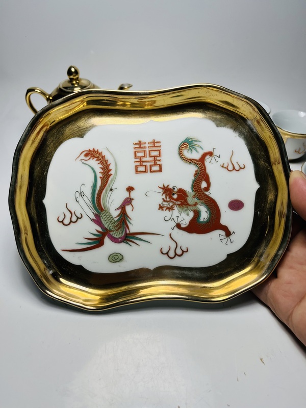 古玩陶瓷粉彩描金龍鳳囍字紋茶具一套拍賣,當前價格699元
