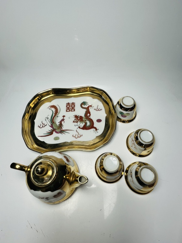古玩陶瓷粉彩描金龍鳳囍字紋茶具一套拍賣,當前價格699元
