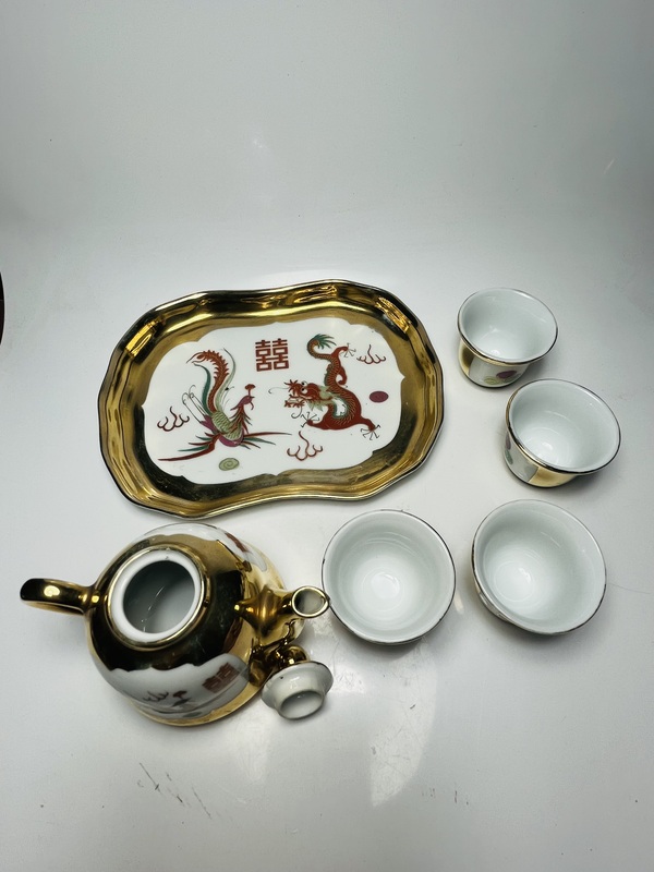 古玩陶瓷粉彩描金龍鳳囍字紋茶具一套拍賣,當前價格699元