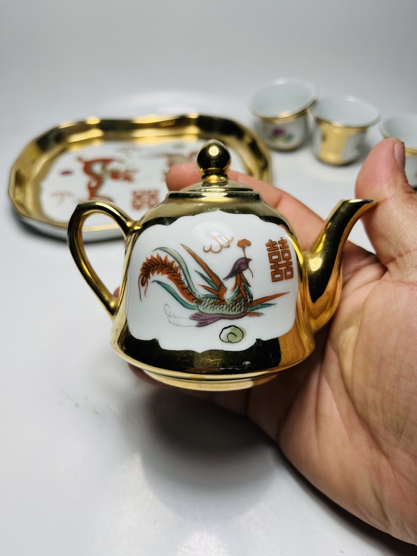 古玩陶瓷粉彩描金龍鳳囍字紋茶具一套拍賣,當前價格699元