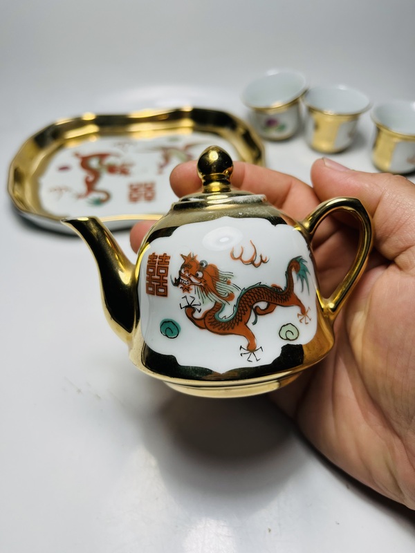 古玩陶瓷粉彩描金龍鳳囍字紋茶具一套拍賣,當前價格699元
