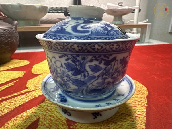 古玩陶瓷青花三才花鳥紋蓋碗真品鑒賞圖