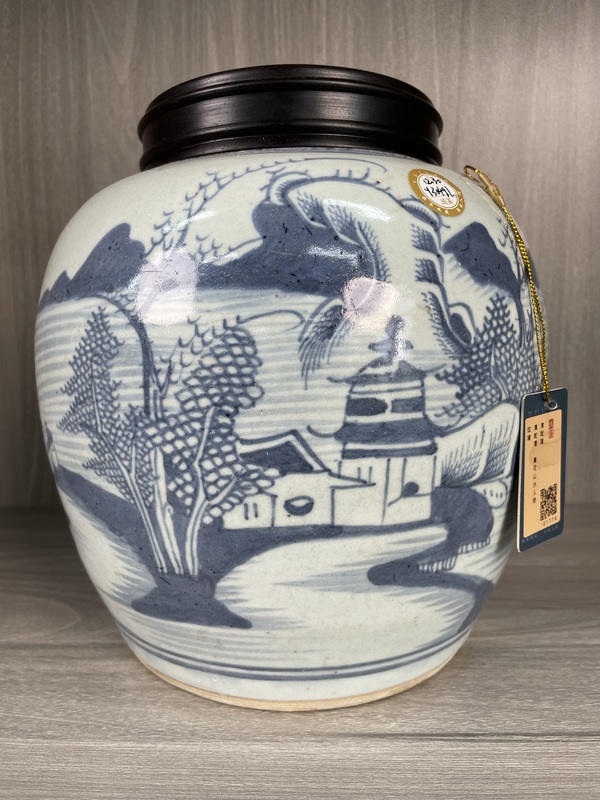 古玩陶瓷清乾隆 精品青花山水人物紋罐拍賣,當前價格2900元
