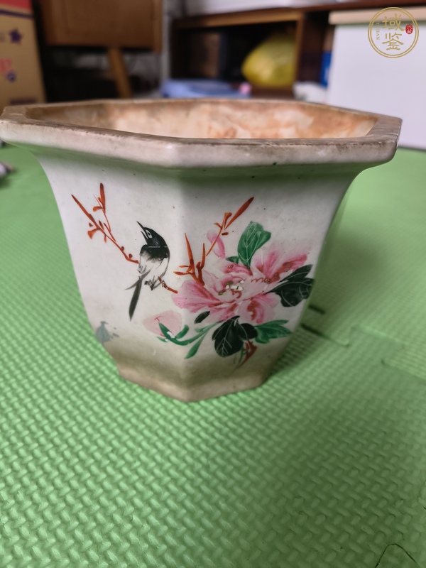 古玩陶瓷粉彩繪花鳥紋花盆真品鑒賞圖