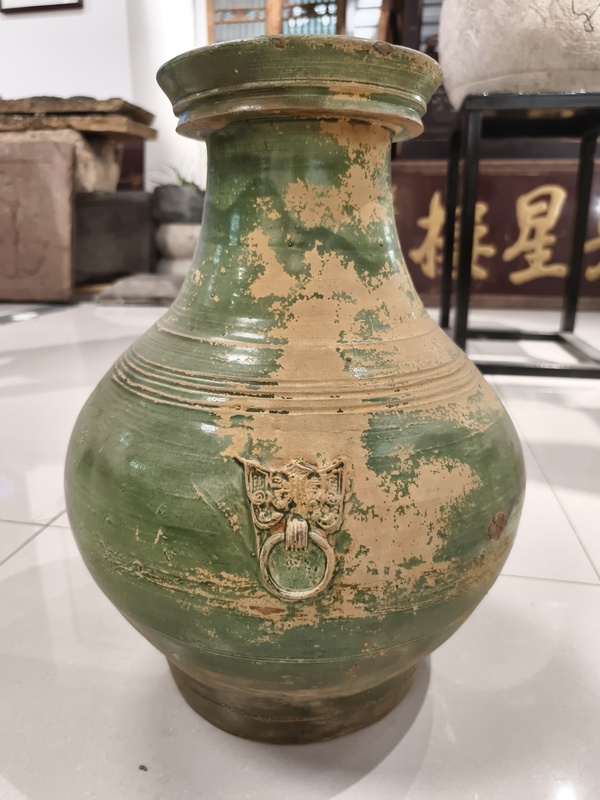 古玩陶瓷漢綠釉雙獸弦紋盤口瓶拍賣,當前價格2880元
