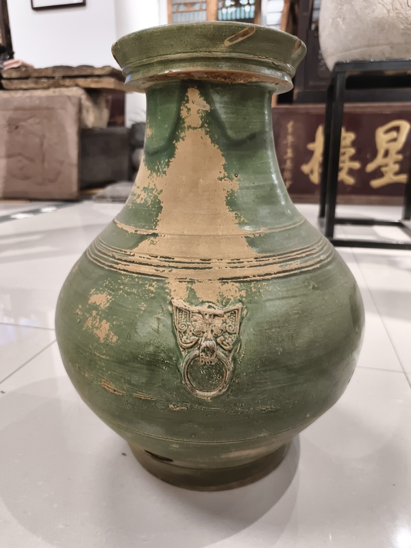古玩陶瓷漢綠釉雙獸弦紋盤口瓶拍賣,當前價格2880元