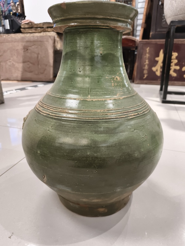 古玩陶瓷漢綠釉雙獸弦紋盤口瓶拍賣,當前價格2880元
