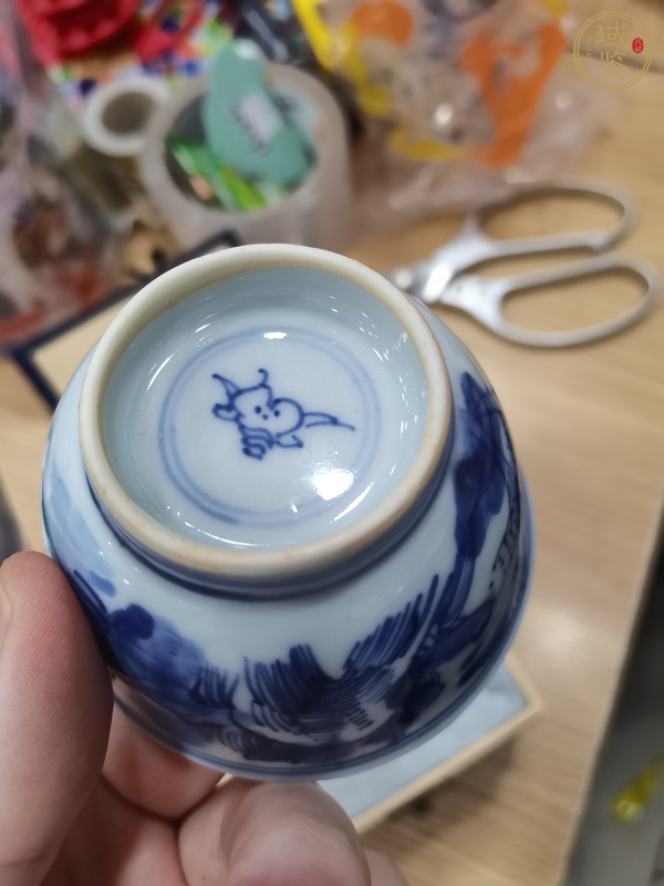 古玩陶瓷青花山水人物紋茶碗，注意品相真品鑒賞圖