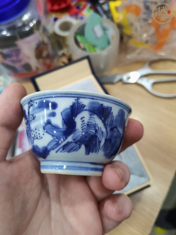 古玩陶瓷青花山水人物紋茶碗，注意品相真品鑒賞圖