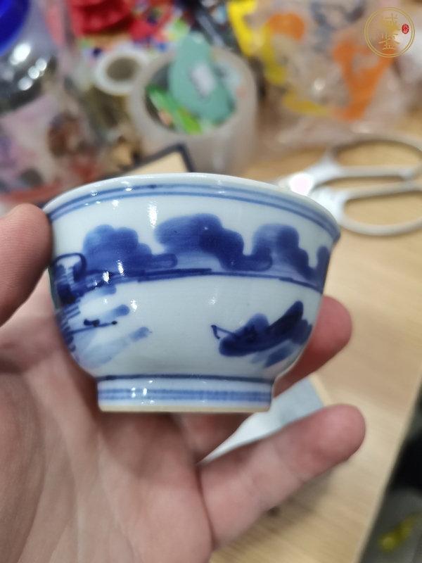 古玩陶瓷青花山水人物紋茶碗，注意品相真品鑒賞圖