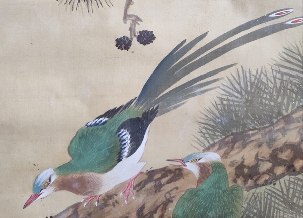 古玩字畫大正甲子年(1924年)明廣 絹本礦物染料花鳥圖 手工原裱立軸拍賣,當前價格880元