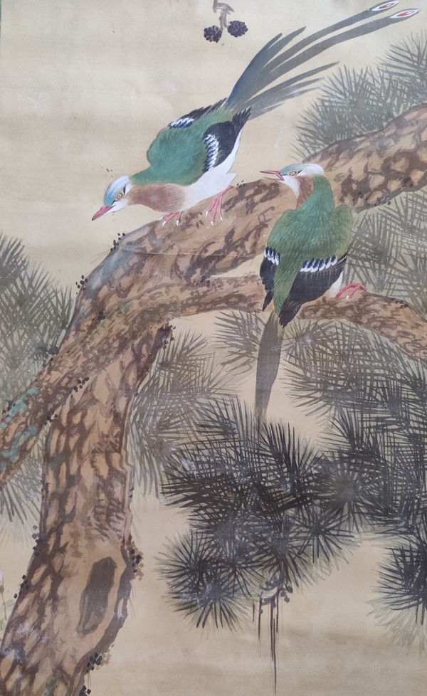 古玩字畫大正甲子年(1924年)明廣 絹本礦物染料花鳥圖 手工原裱立軸拍賣,當前價格880元