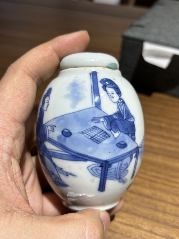 古玩陶瓷清康熙青花仕女對弈圖蓮子罐拍賣,當前價格18000元