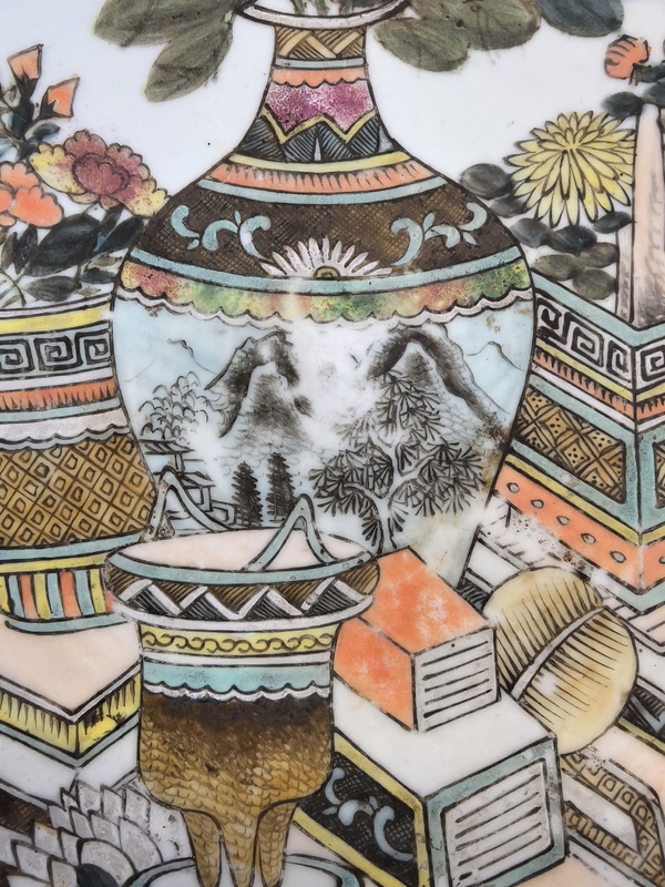 古玩陶瓷名家(戴裕成)淺絳彩博古大盤(底有名款)拍賣,當前價格13888元