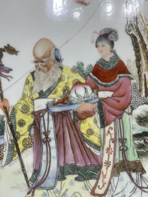 古玩陶瓷粉彩麻姑獻壽圖瓷板拍賣,當前價格3500元