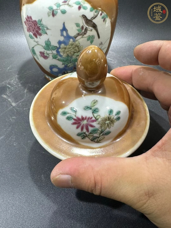 古玩陶瓷晚清醬釉開窗粉彩花鳥紋蓋罐真品鑒賞圖