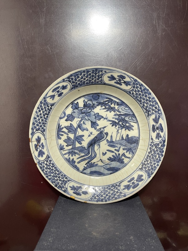 古玩陶瓷明青花鳳穿牡丹圖折沿盤拍賣，當前價格6200元