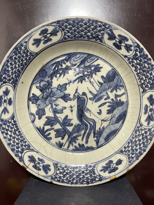 古玩陶瓷明青花鳳穿牡丹圖折沿盤拍賣，當前價格6200元