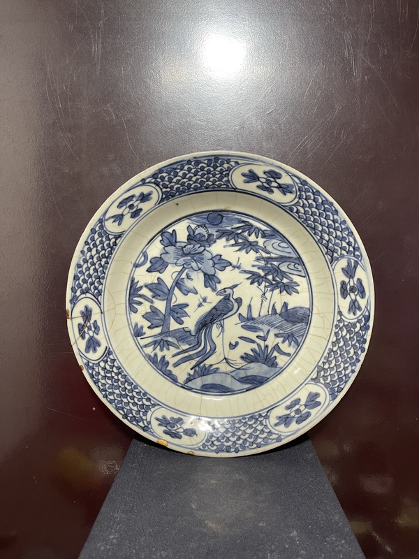 古玩陶瓷明青花鳳穿牡丹圖折沿盤拍賣,當前價格6200元