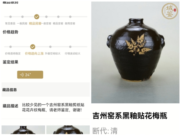 古玩陶瓷黑釉貼花梅瓶真品鑒賞圖