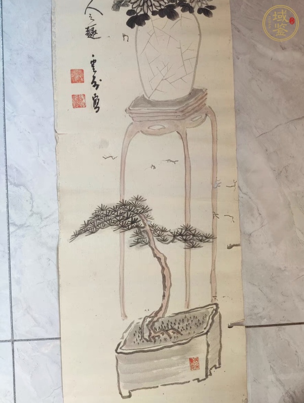 古玩字畫水墨松菊圖真品鑒賞圖