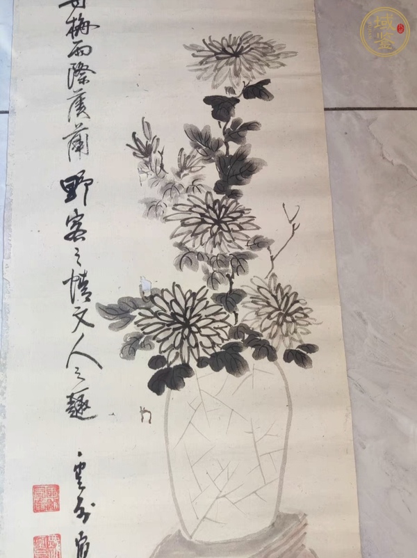 古玩字畫水墨松菊圖真品鑒賞圖