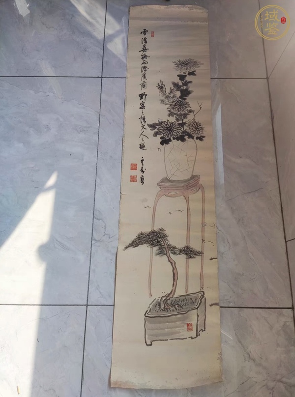 古玩字畫水墨松菊圖真品鑒賞圖