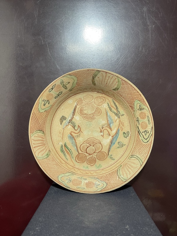 古玩陶瓷明紅綠彩雙鳳紋折沿盤拍賣,當前價格8800元