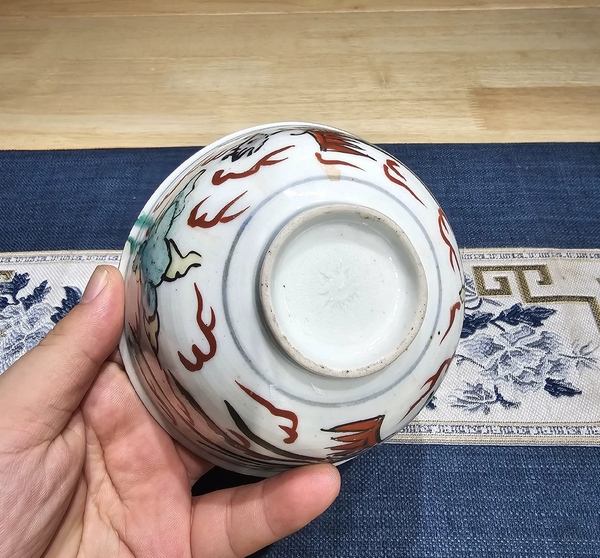 古玩陶瓷清中期紅綠彩鳳紋牡丹茶碗拍賣,當前價格330元