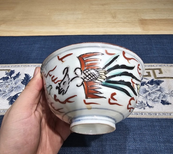 古玩陶瓷清中期紅綠彩鳳紋牡丹茶碗拍賣,當前價格330元