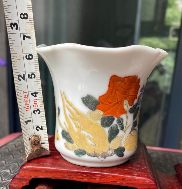 古玩陶瓷民國粉彩花鳥紋花口杯拍賣,當前價格380元