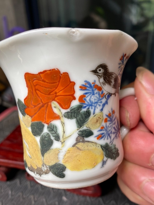 古玩陶瓷民國粉彩花鳥紋花口杯拍賣,當前價格380元