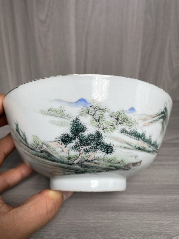 古玩陶瓷民國 定燒器 淺絳彩山水人物風景紋碗拍賣,當前價格1500元