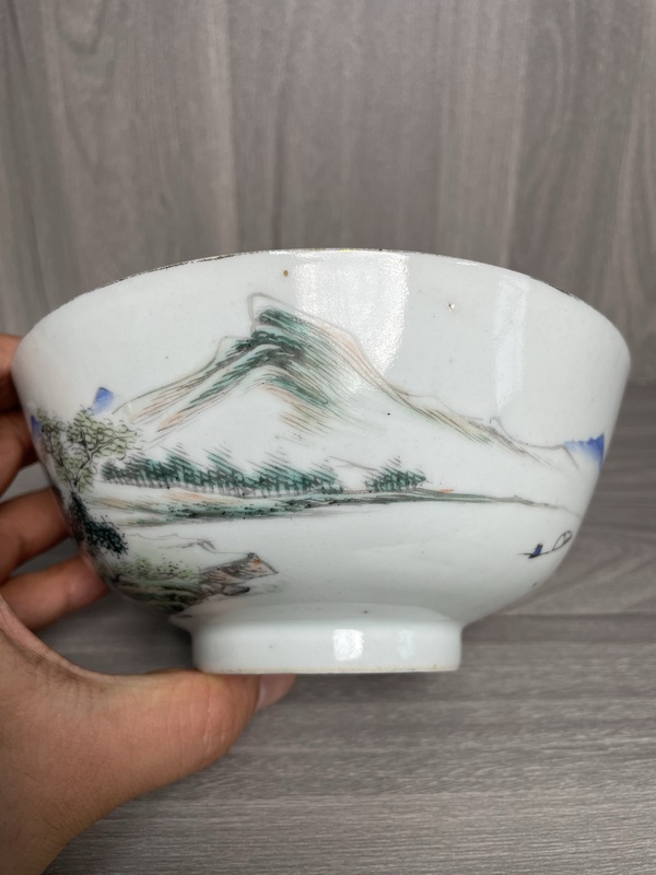 古玩陶瓷民國 定燒器 淺絳彩山水人物風景紋碗拍賣,當前價格1500元