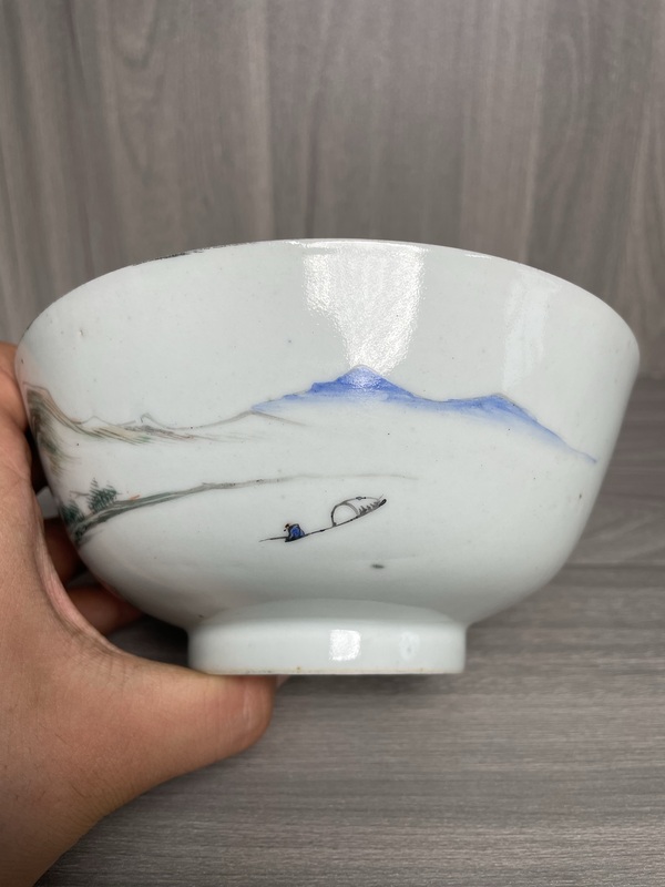 古玩陶瓷民國 定燒器 淺絳彩山水人物風景紋碗拍賣,當前價格1500元