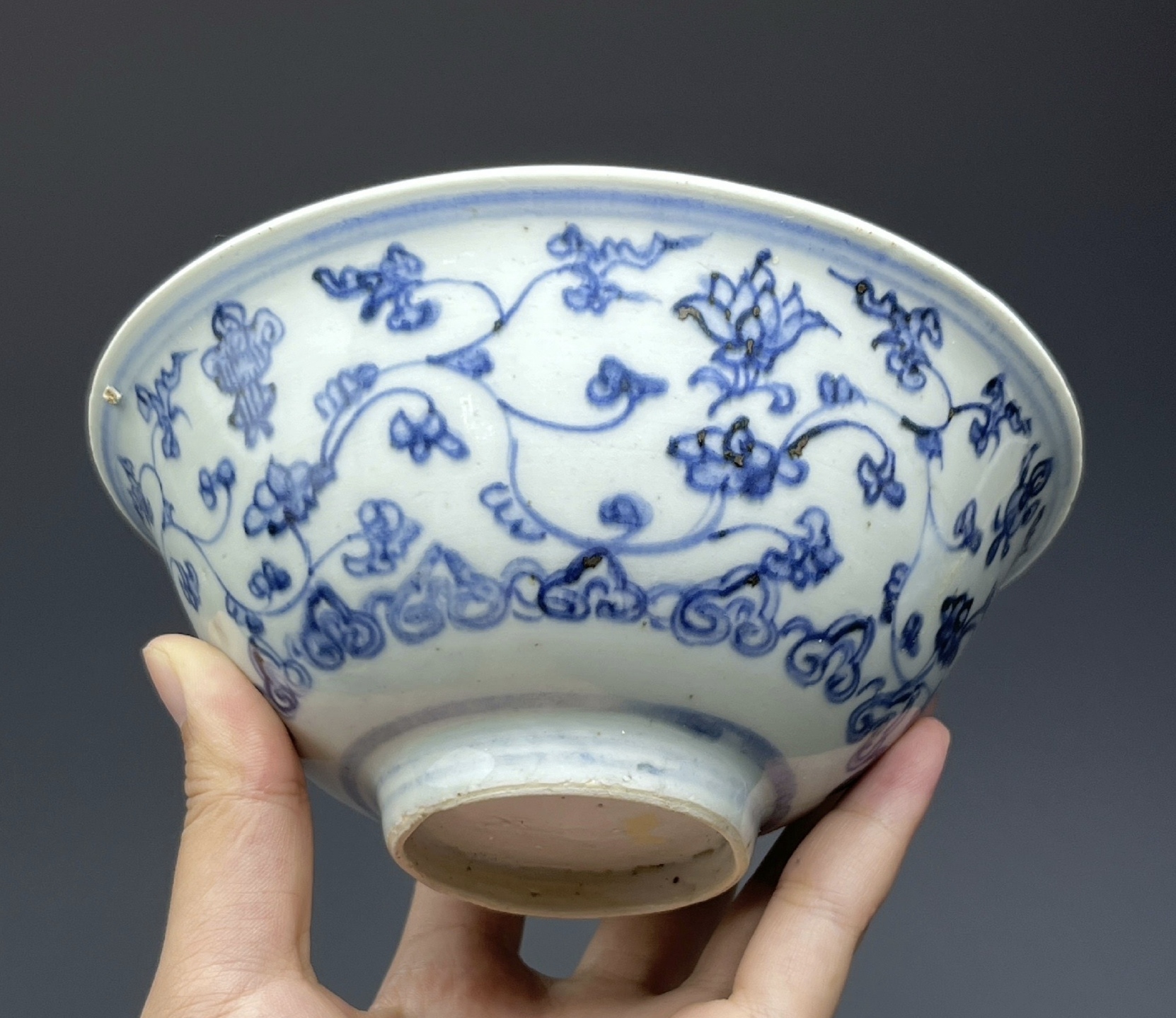 中国美術 明 青花纏枝 富貴佳器款 獅子紋碗 高 6cm 明 美術品