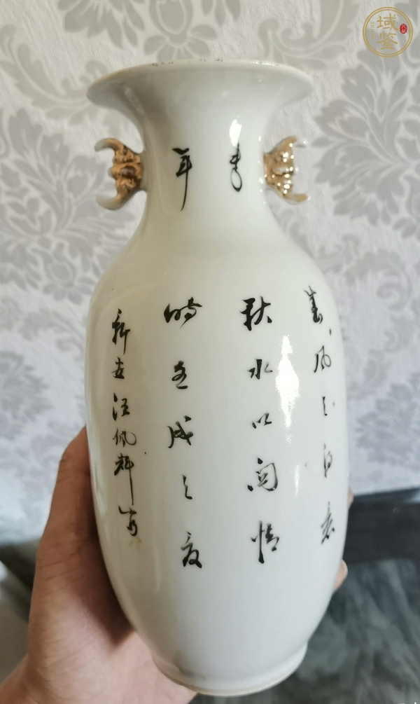 古玩陶瓷粉彩桃花仕女雙耳瓶真品鑒賞圖