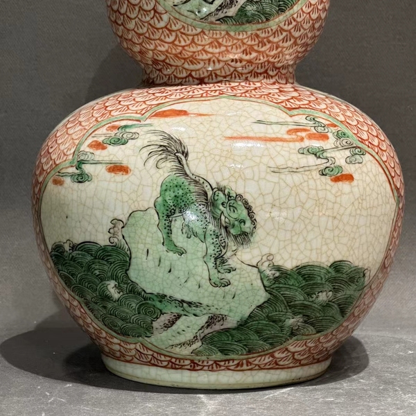 古玩陶瓷哥釉開光五彩海水瑞獸圖葫蘆瓶拍賣,當前價格26800元