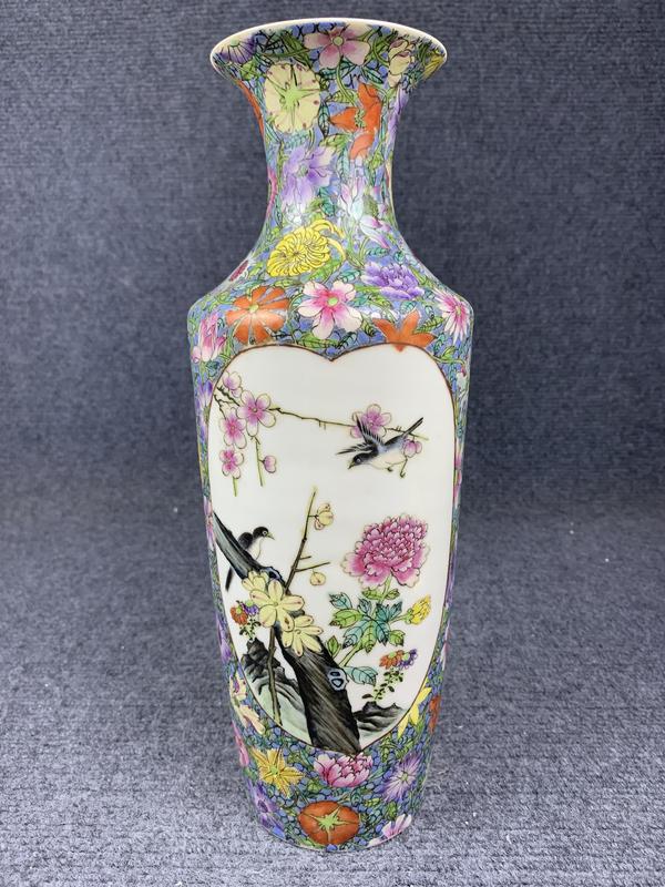古玩陶瓷粉彩百花開光花鳥紋軟棒槌瓶拍賣,當前價格16200元