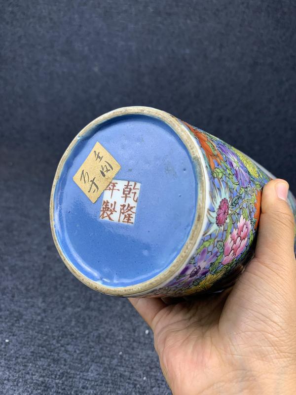 古玩陶瓷粉彩百花開光花鳥紋軟棒槌瓶拍賣,當前價格16200元