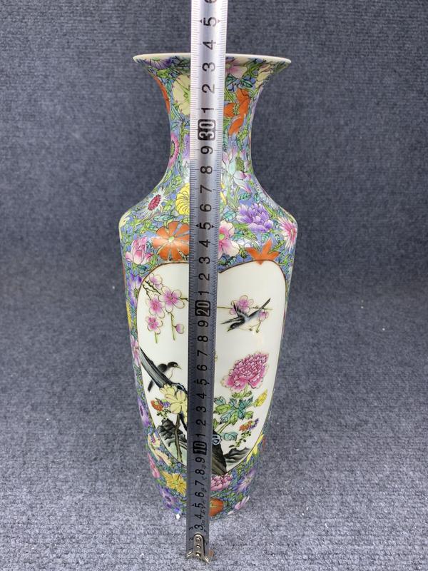 古玩陶瓷粉彩百花開光花鳥紋軟棒槌瓶拍賣,當前價格16200元
